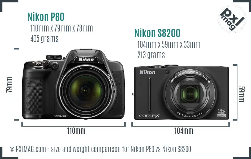 Nikon P80 vs Nikon S8200 size comparison