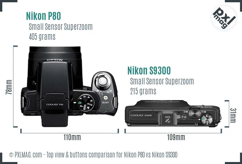 Nikon P80 vs Nikon S9300 top view buttons comparison Nikon P80 vs Nikon S9300 top view buttons comparison