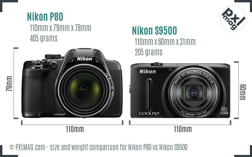 Nikon P80 vs Nikon S9500 size comparison