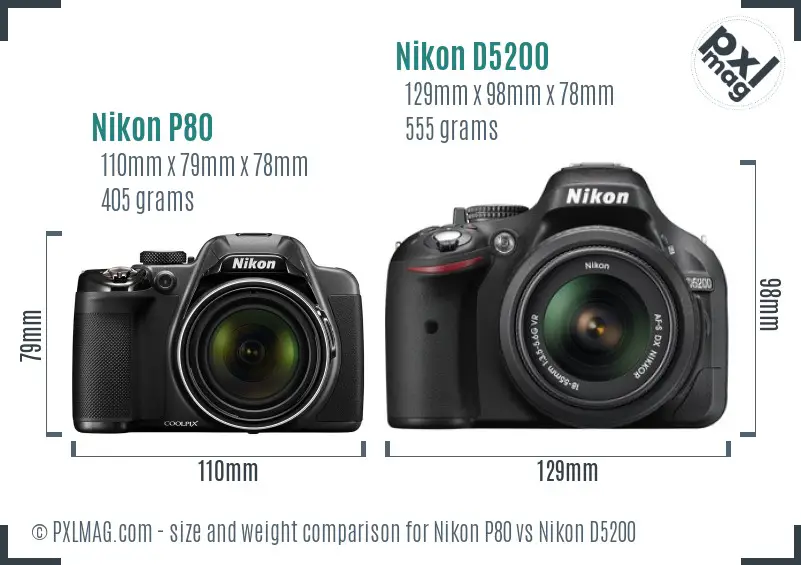 Nikon P80 vs Nikon D5200 size comparison