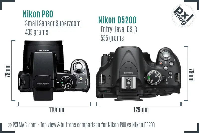 Nikon P80 vs Nikon D5200 top view buttons comparison