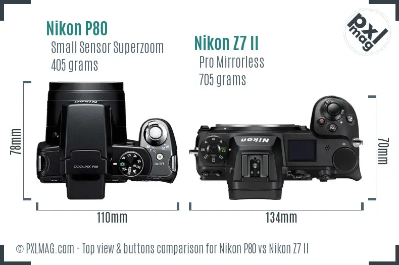 Nikon P80 vs Nikon Z7 II top view buttons comparison