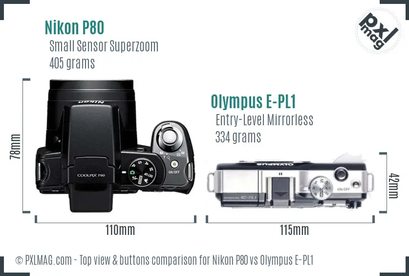 Nikon P80 vs Olympus E-PL1 top view buttons comparison