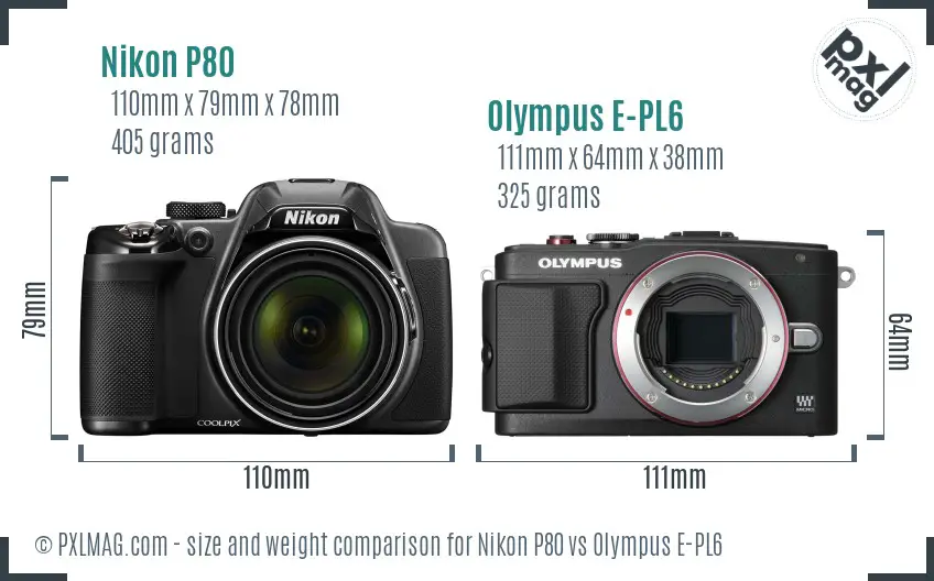 Nikon P80 vs Olympus E-PL6 size comparison