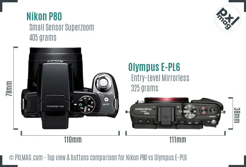 Nikon P80 vs Olympus E-PL6 top view buttons comparison
