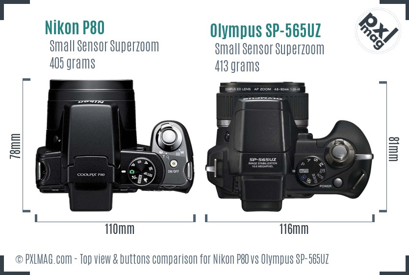 Nikon P80 vs Olympus SP-565UZ top view buttons comparison