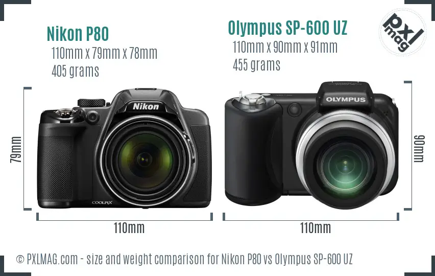 Nikon P80 vs Olympus SP-600 UZ size comparison