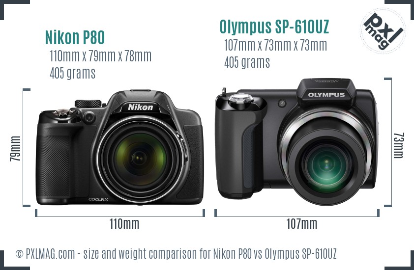Nikon P80 vs Olympus SP-610UZ size comparison