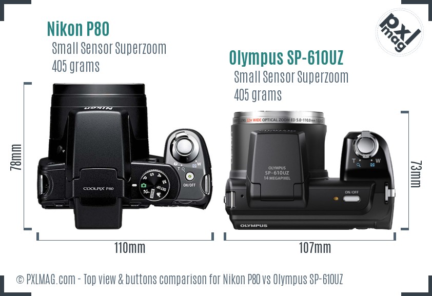 Nikon P80 vs Olympus SP-610UZ top view buttons comparison
