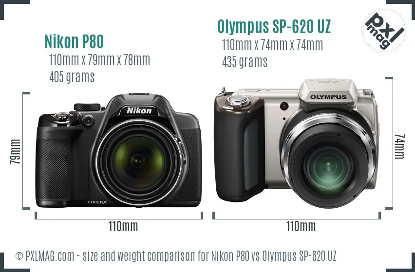 Nikon P80 vs Olympus SP-620 UZ size comparison