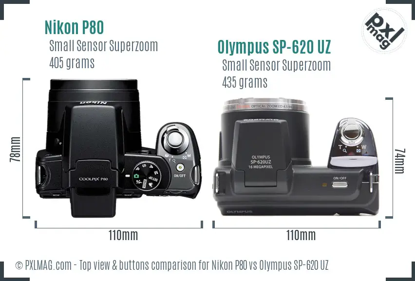 Nikon P80 vs Olympus SP-620 UZ top view buttons comparison