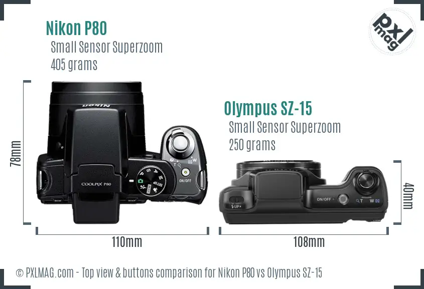 Nikon P80 vs Olympus SZ-15 top view buttons comparison