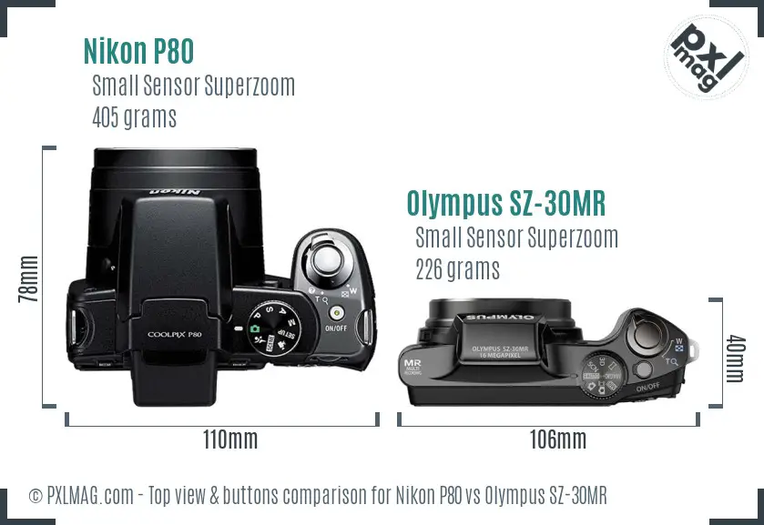 Nikon P80 vs Olympus SZ-30MR top view buttons comparison