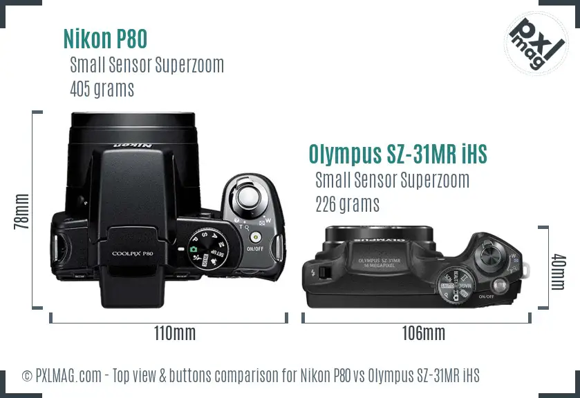 Nikon P80 vs Olympus SZ-31MR iHS top view buttons comparison