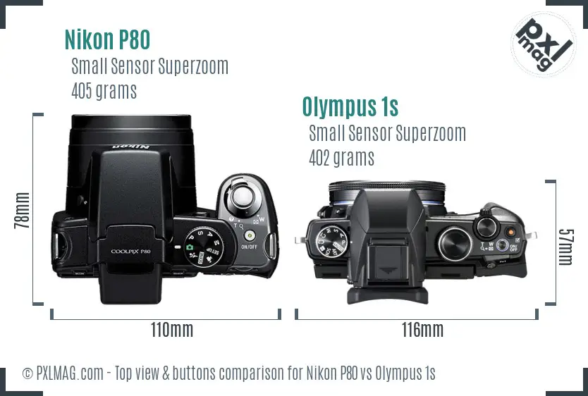 Nikon P80 vs Olympus 1s top view buttons comparison Nikon P80 vs Olympus 1s top view buttons comparison