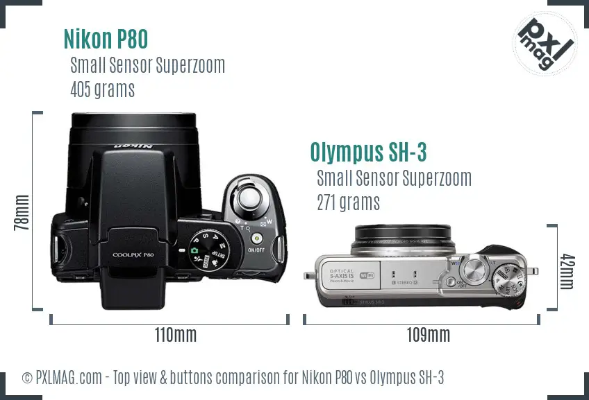 Nikon P80 vs Olympus SH-3 top view buttons comparison