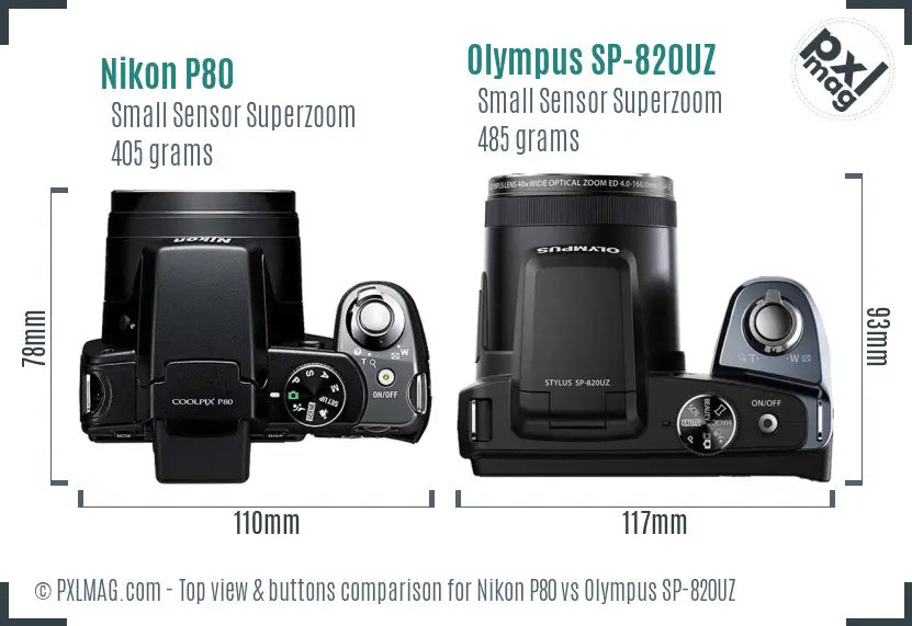 Nikon P80 vs Olympus SP-820UZ top view buttons comparison