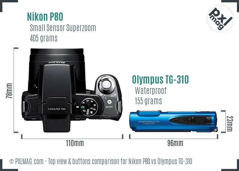 Nikon P80 vs Olympus TG-310 top view buttons comparison