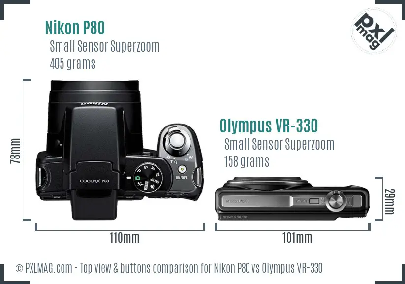 Nikon P80 vs Olympus VR-330 top view buttons comparison Nikon P80 vs Olympus VR-330 top view buttons comparison