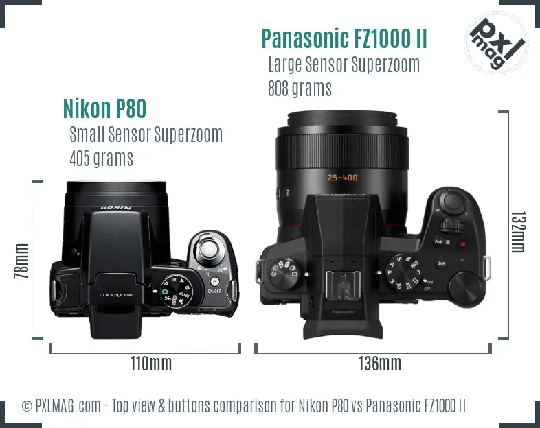 Nikon P80 vs Panasonic FZ1000 II top view buttons comparison