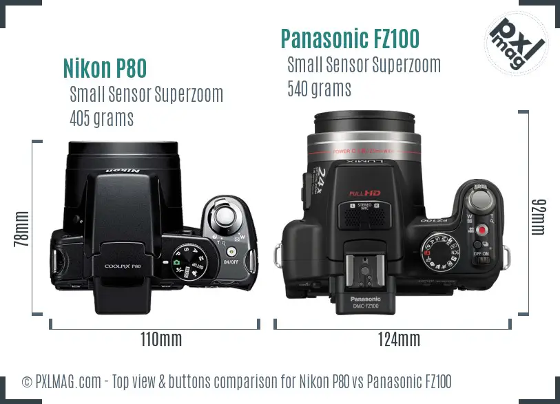 Nikon P80 vs Panasonic FZ100 top view buttons comparison