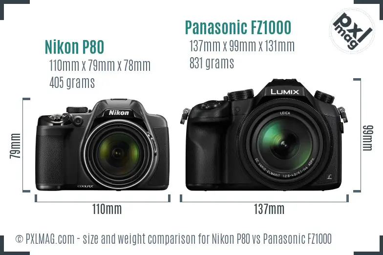 Nikon P80 vs Panasonic FZ1000 size comparison