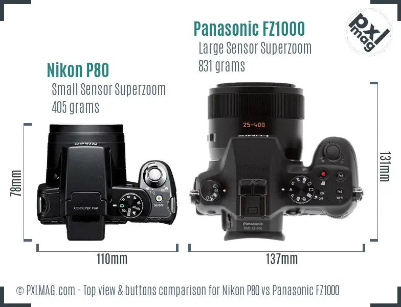 Nikon P80 vs Panasonic FZ1000 top view buttons comparison