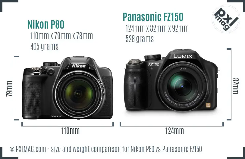 Nikon P80 vs Panasonic FZ150 size comparison