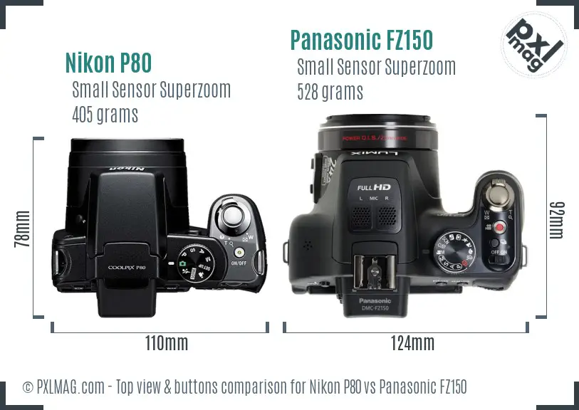 Nikon P80 vs Panasonic FZ150 top view buttons comparison