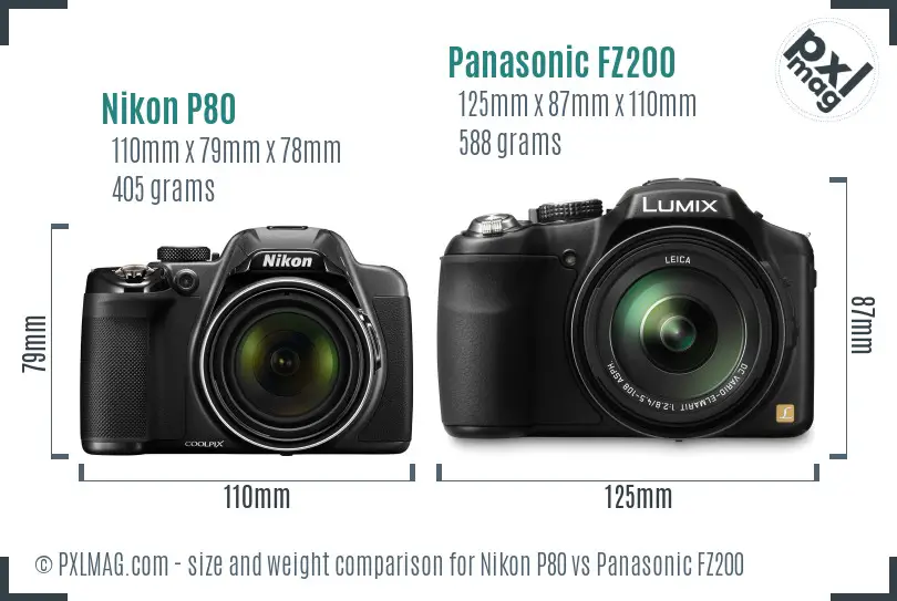Nikon P80 vs Panasonic FZ200 size comparison