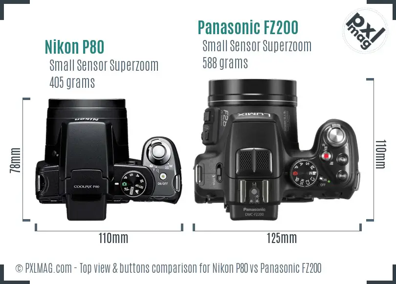 Nikon P80 vs Panasonic FZ200 top view buttons comparison