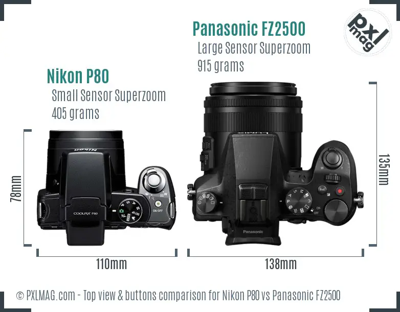 Nikon P80 vs Panasonic FZ2500 top view buttons comparison