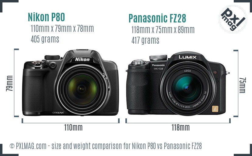 Nikon P80 vs Panasonic FZ28 size comparison