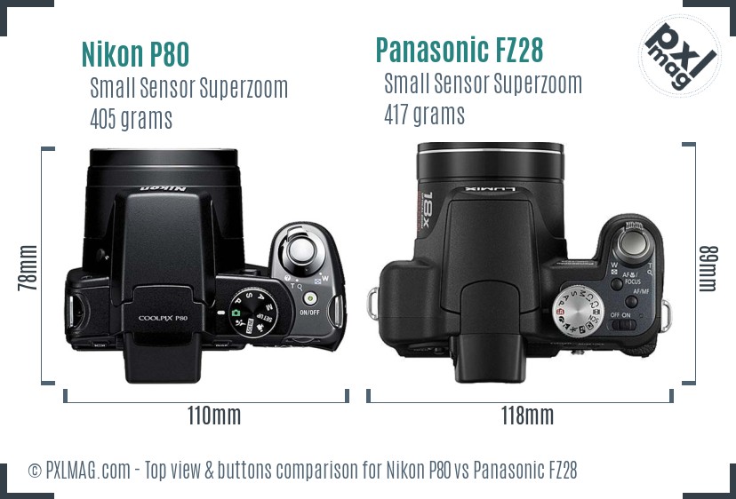 Nikon P80 vs Panasonic FZ28 top view buttons comparison