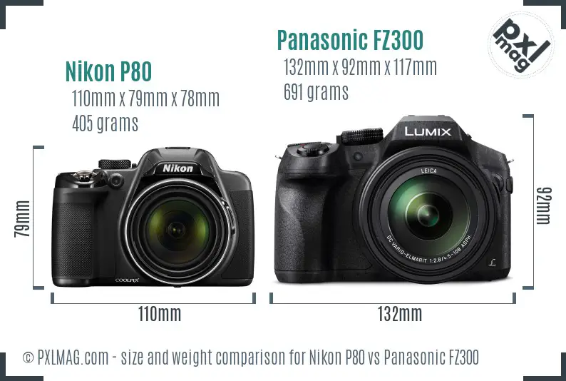 Nikon P80 vs Panasonic FZ300 size comparison