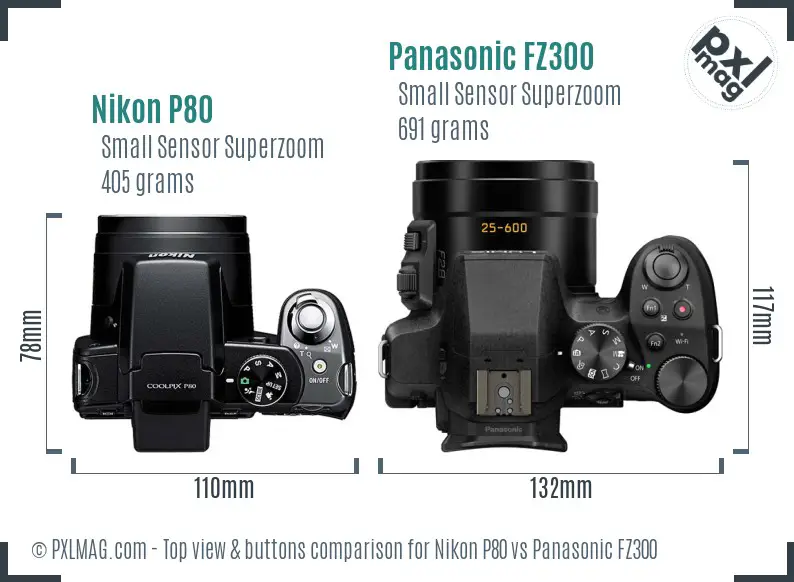 Nikon P80 vs Panasonic FZ300 top view buttons comparison