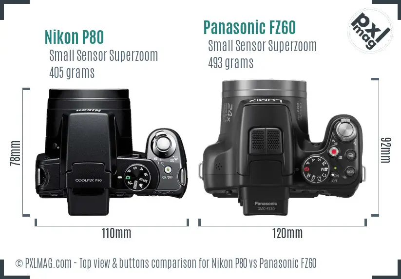 Nikon P80 vs Panasonic FZ60 top view buttons comparison