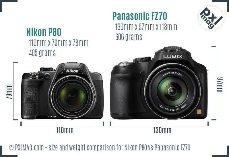 Nikon P80 vs Panasonic FZ70 size comparison
