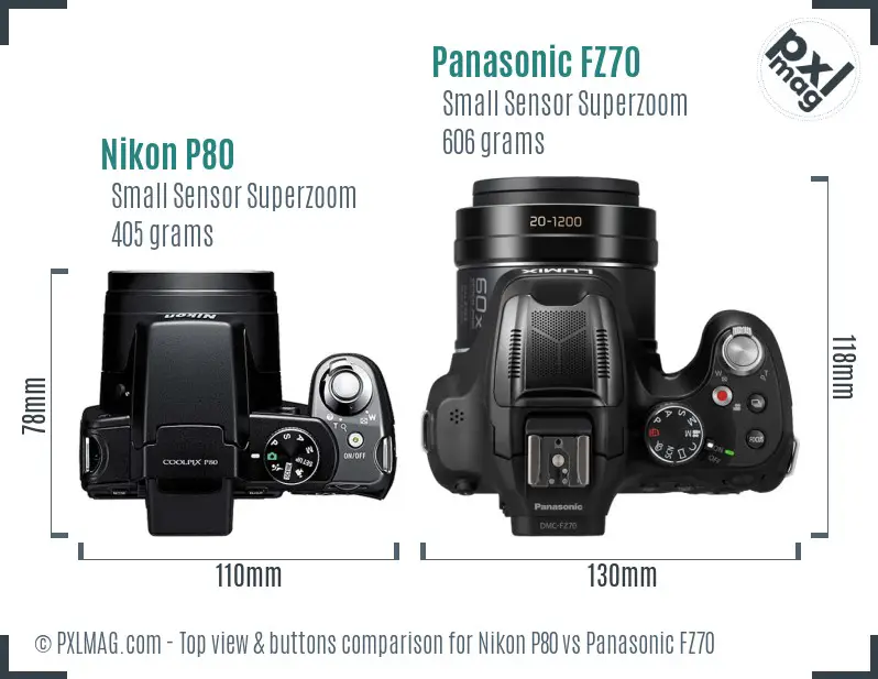 Nikon P80 vs Panasonic FZ70 top view buttons comparison