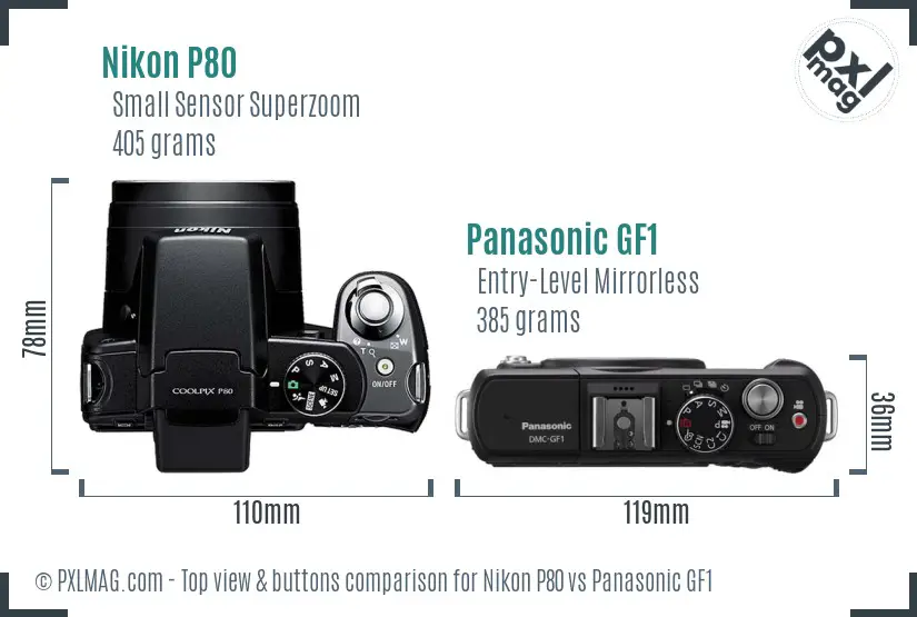 Nikon P80 vs Panasonic GF1 top view buttons comparison