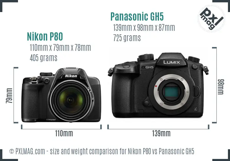 Nikon P80 vs Panasonic GH5 size comparison