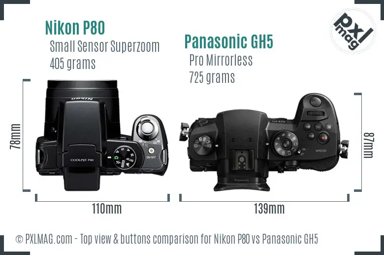 Nikon P80 vs Panasonic GH5 top view buttons comparison