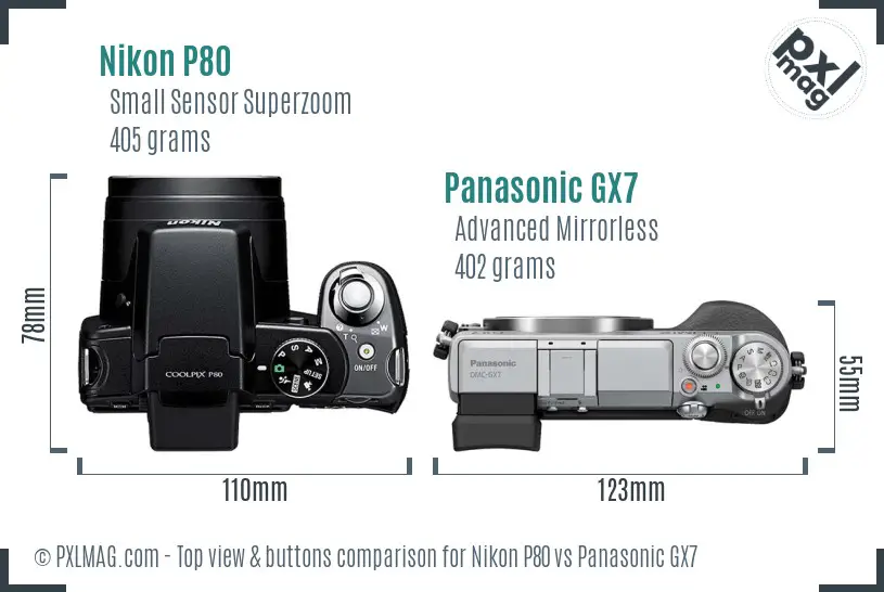 Nikon P80 vs Panasonic GX7 top view buttons comparison