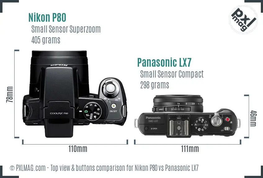 Nikon P80 vs Panasonic LX7 top view buttons comparison