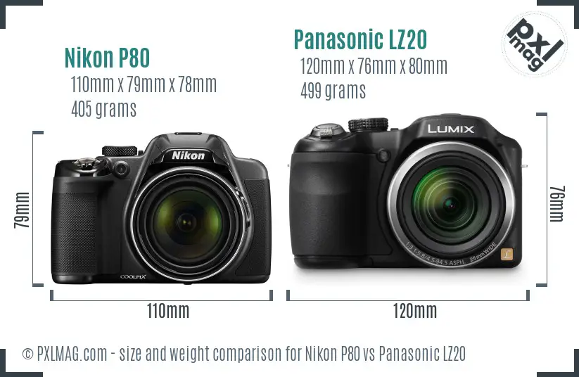 Nikon P80 vs Panasonic LZ20 size comparison