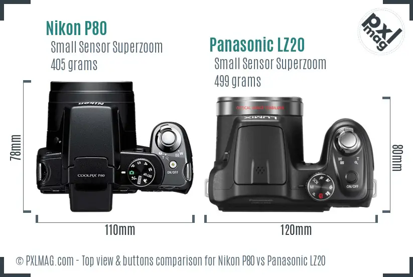 Nikon P80 vs Panasonic LZ20 top view buttons comparison