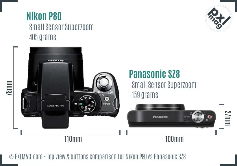 Nikon P80 vs Panasonic SZ8 top view buttons comparison