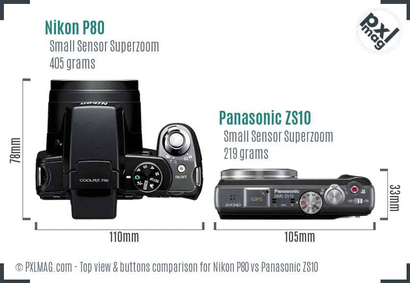 Nikon P80 vs Panasonic ZS10 top view buttons comparison