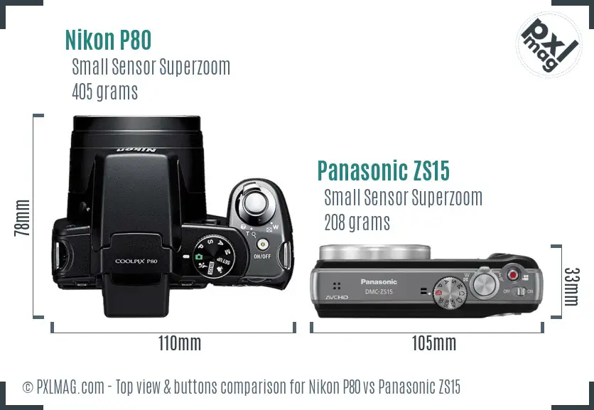 Nikon P80 vs Panasonic ZS15 top view buttons comparison Nikon P80 vs Panasonic ZS15 top view buttons comparison