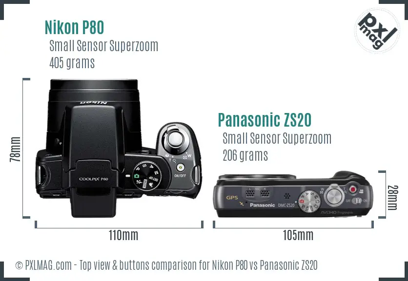 Nikon P80 vs Panasonic ZS20 top view buttons comparison